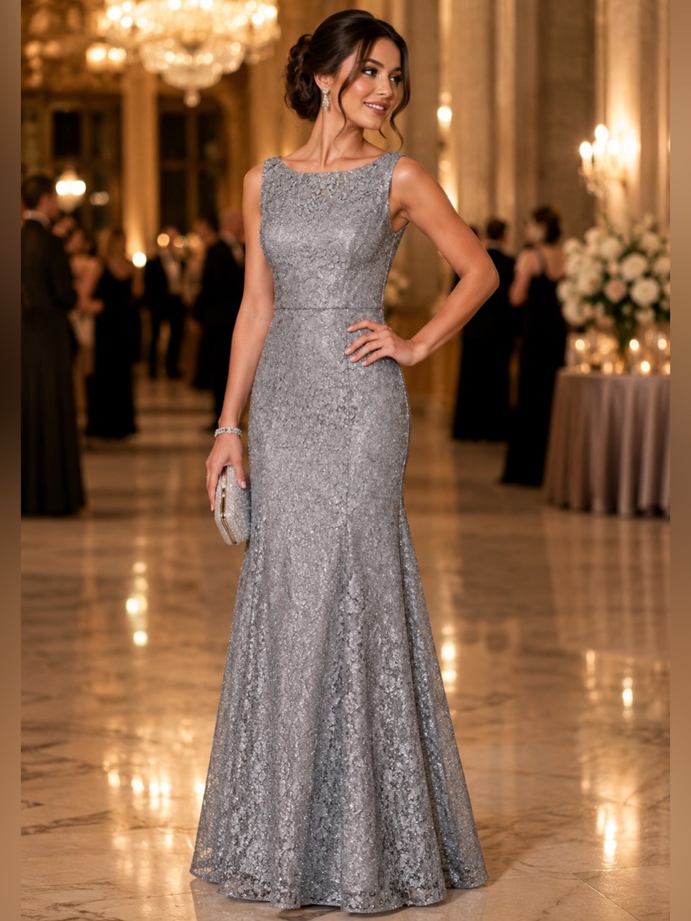 Ignite Evenings Glitter Lace Gala Special Occasion Formal Gown Silver Gray 6